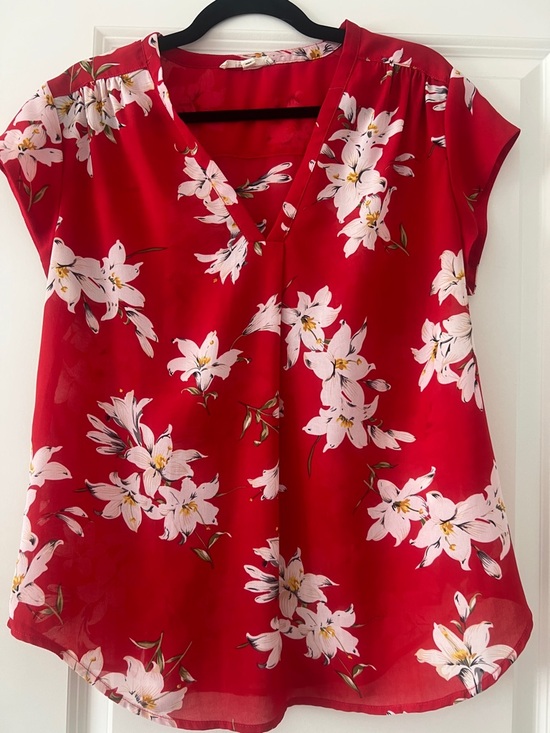 fun 2 fun Tops - fun 2 fun Red Floral V-Neck Blouse